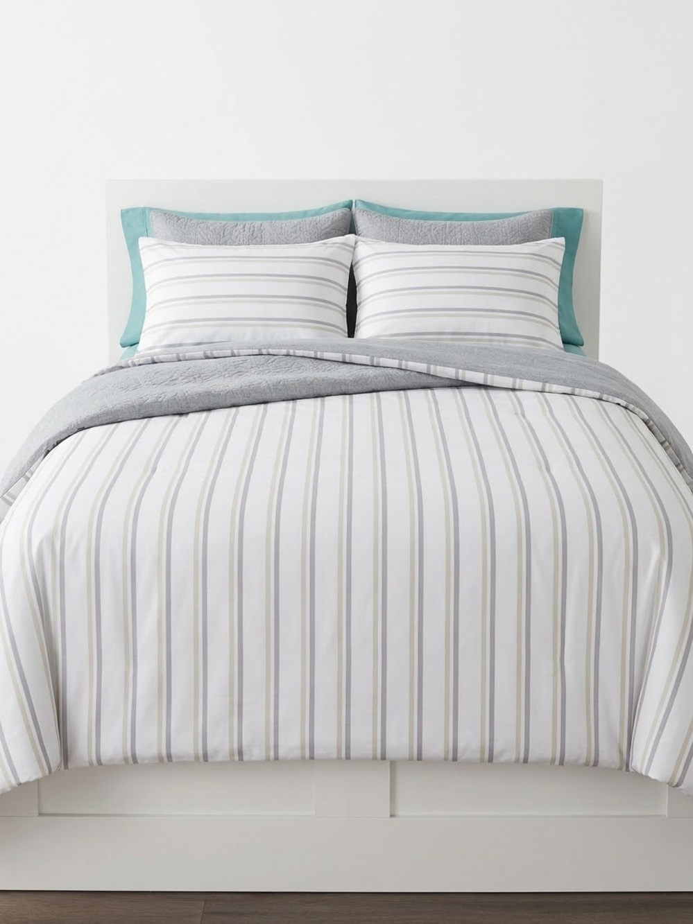 Striped White and Gray Comforter Set with Aqua Shams